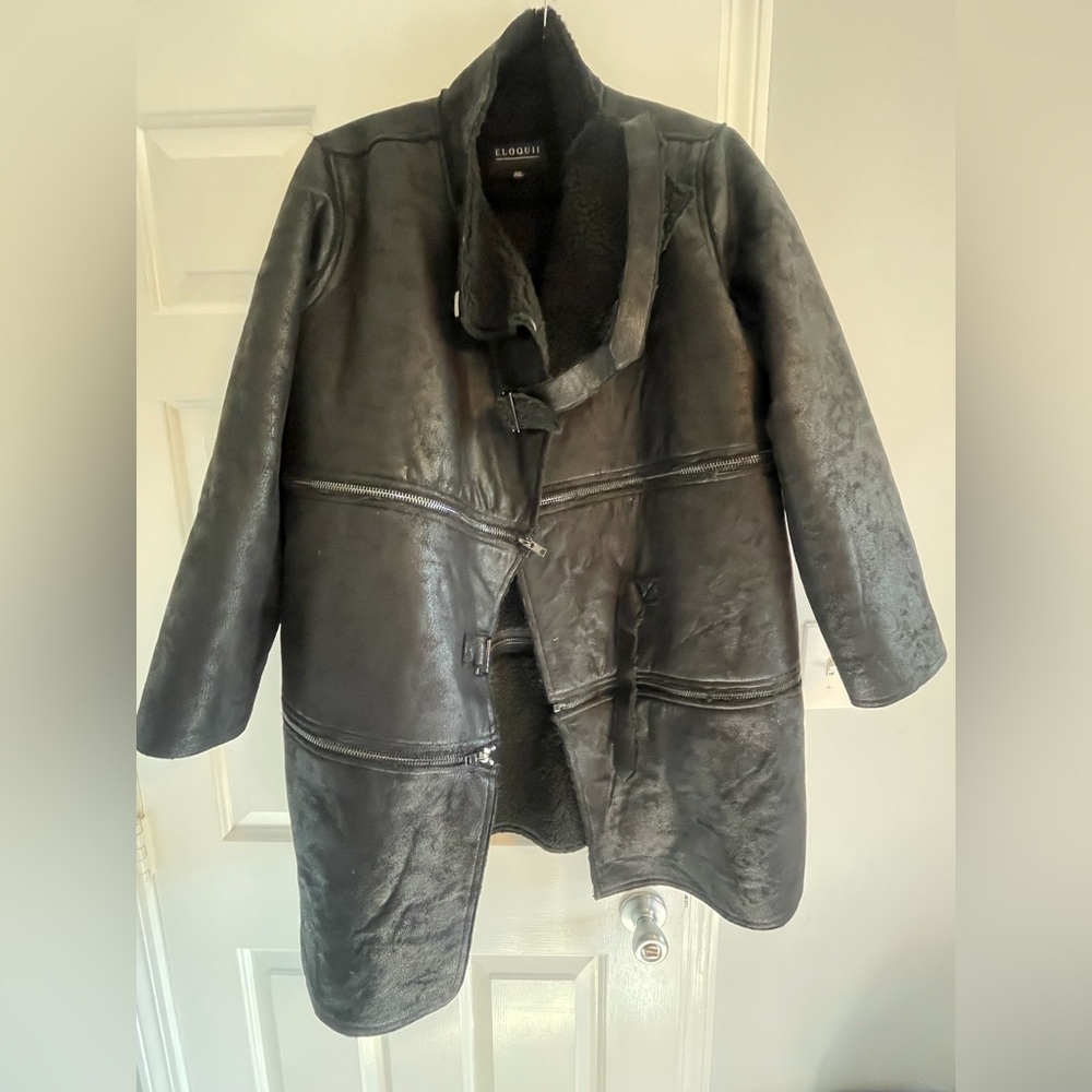 Eloquii Black Faux Leather Jacket with Shearling Lining, Size 14/16